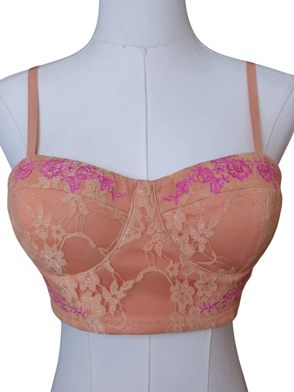 Peach Lace Longline Crop Top with Pink Embroidery